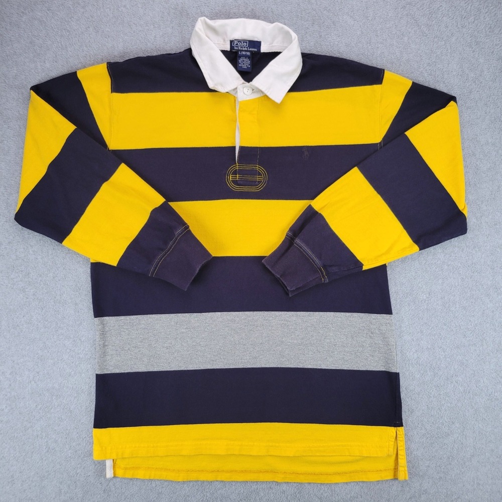 Polo Ralph Lauren Rugby Shirt Kids Size L 16/18 Navy Yellow Striped Long Sleeve